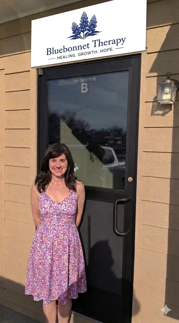Brionna Smith at the Bluebonnet Therapy office entrance